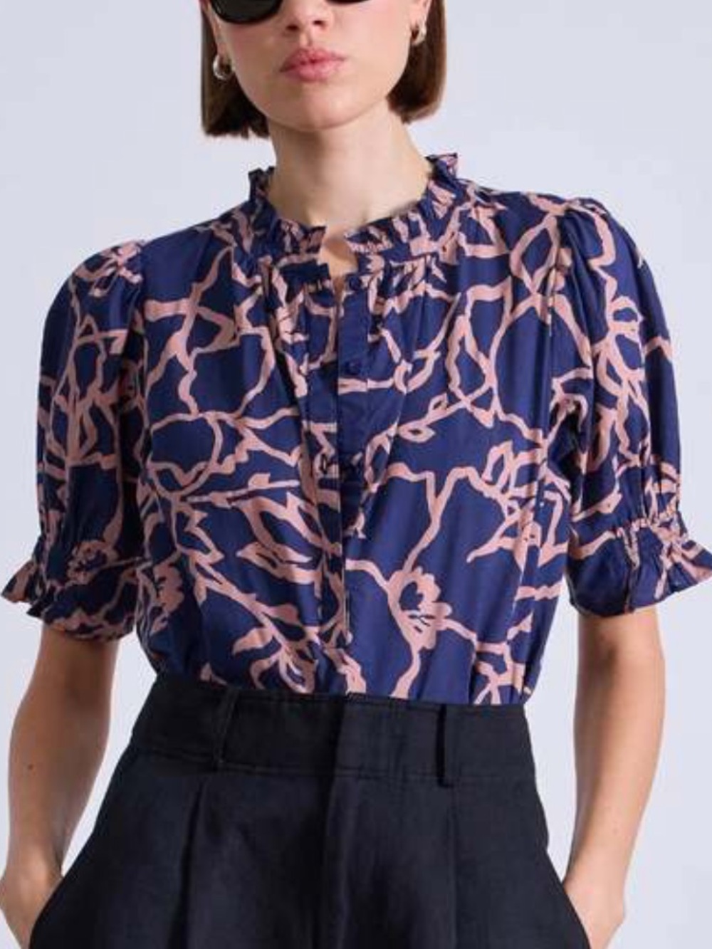 Apiece Apart Navy and Pink Abstract Ruffle-Neck Blouse
